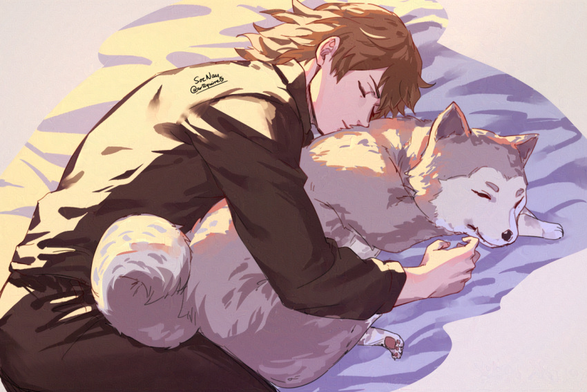 1boy animal aragaki_shinjirou bed_sheet black_pants black_shirt brown_hair closed_eyes closed_mouth commentary cuddling dog english_commentary koromaru_(persona) long_sleeves lying male_focus medium_hair on_side pants persona persona_3 shirt sleeping soc_nau twitter_username