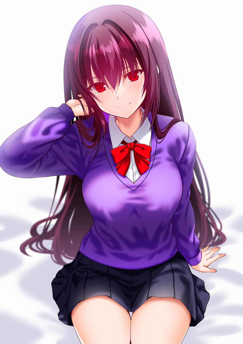 1girl adjusting_hair alternate_costume blush bow bowtie cowboy_shot engo_(aquawatery) fate/grand_order fate_(series) hair_between_eyes highres long_hair long_sleeves looking_at_viewer pleated_skirt purple_hair red_bow red_bowtie red_eyes scathach_(fate) school_uniform sitting skirt smile solo sweater