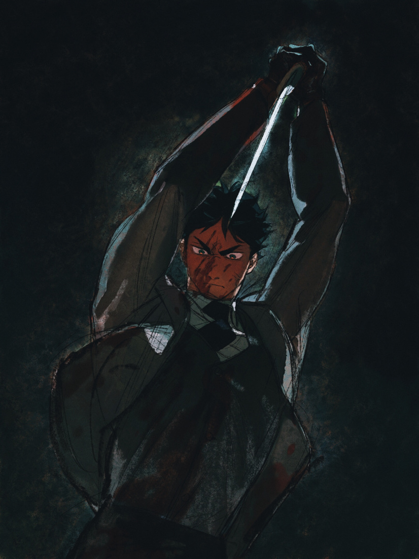 1boy akaashi_keiji arms_up black_background black_hair black_necktie blood blood_on_clothes blood_on_face blood_on_hands chengongzi123 closed_mouth commentary dark green_eyes haikyuu!! highres holding holding_wand imminent_murder jacket long_sleeves looking_down male_focus necktie short_hair symbol-only_commentary upper_body very_short_hair wand