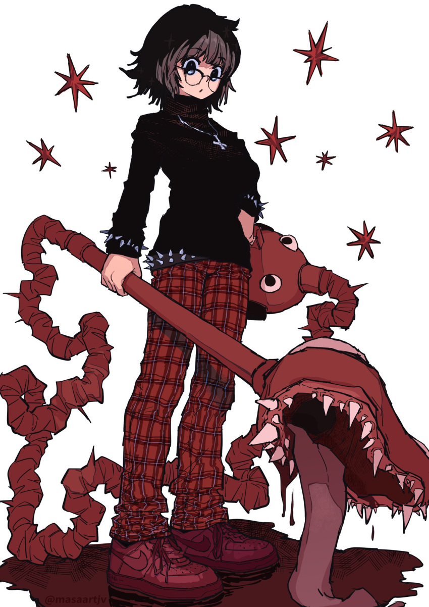 1girl black_eyes black_sweater blinky_(hunter_x_hunter) blood_on_ground blunt_bangs bracelet brown_hair full_body highres holding holding_weapon hunter_x_hunter inverted_cross_necklace jewelry masaartjv monster pants red_footwear red_pants semi-rimless_eyewear shizuku_murasaki shoes simple_background sneakers solo spiked_belt spiked_bracelet spikes standing standing_on_liquid sweater turtleneck turtleneck_sweater weapon white_background
