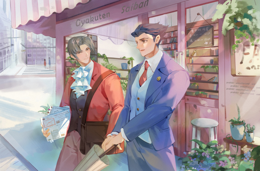 2boys absurdres ace_attorney ascot bag black_hair blue_suit closed_mouth collared_shirt copyright_name formal grey_hair gugu_(user_cxsm8254) highres holding holding_umbrella jacket long_sleeves looking_at_another male_focus messenger_bag miles_edgeworth multiple_boys necktie open_mouth pants phoenix_wright red_jacket red_necktie red_suit shirt short_hair shoulder_bag spiked_hair suit town umbrella vest white_ascot white_shirt