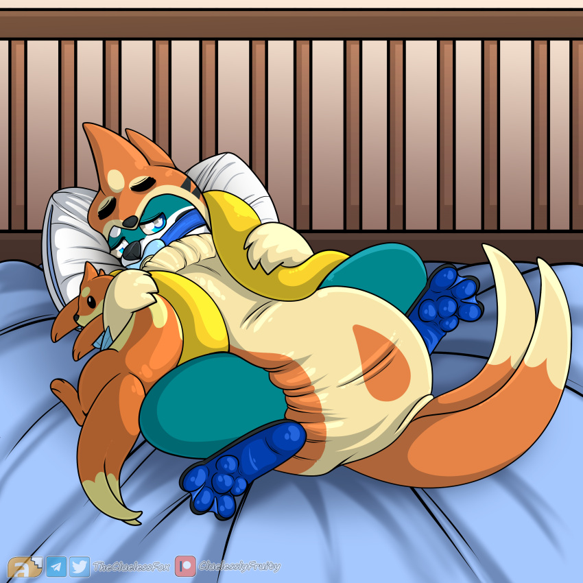 2_tails 3_fingers 3_toes absurd_res bed bedroom_eyes blush buizel clothed clothing diaper diaper_under_clothing embarrassed feet feral fingers floatzel full_foot_pawpads furniture generation_4_pokemon hi_res holding_object holding_plushie lying male mammal membrane_(anatomy) mokata_(buizel) multi_tail mustelid narrowed_eyes neck_ring nintendo object_in_mouth on_back onesie otter pacifier pacifier_in_mouth padding pawpads paws plushie pokemon pokemon_(species) seductive soles solo spread_legs spreading tail thecluelessfox_(artist) toes wearing_diaper webbed_feet