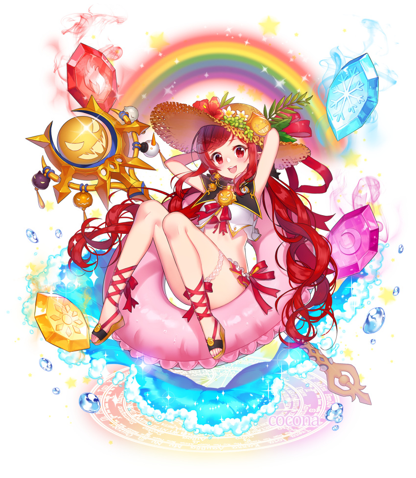 crystal dungeon_and_fighter gladiator_sandals hat highres mage_(dungeon_and_fighter) mage_staff magic_circle non-web_source red_eyes red_hair sailor_collar sandals shiny_skin sun_hat swim_ring swimsuit