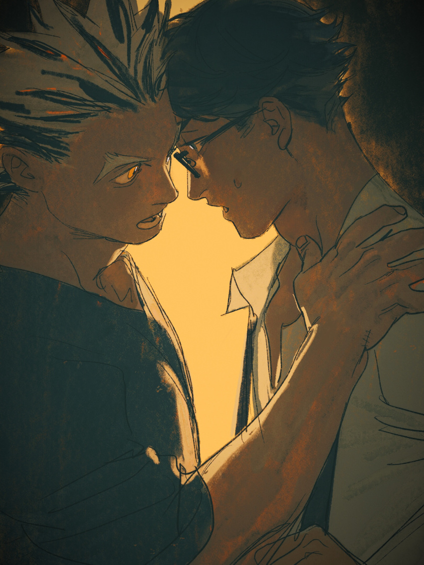 2boys akaashi_keiji black_hair bokuto_koutarou chengongzi123 collared_shirt glasses grey_hair haikyuu!! hand_on_another's_shoulder highres looking_at_another male_focus multiple_boys necktie open_mouth shirt short_hair simple_background thick_eyebrows undone_necktie upper_body very_short_hair white_hair yaoi yellow_background yellow_eyes