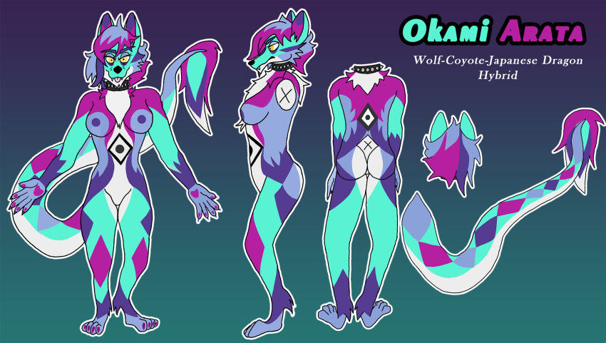 canid canine canis coyote dragon eastern_dragon furry hi_res hybrid invalid_tag mammal model_sheet multicolor mythological_creature mythological_scalie mythology okamiarata redisign scalie wolf