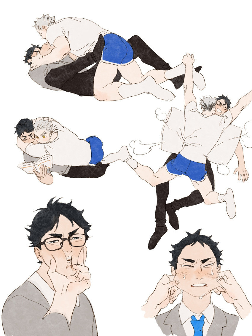 2boys akaashi_keiji arm_grab black_eyes black_footwear black_hair black_pants blue_necktie blue_shorts bokuto_koutarou book cheek_pinching cheek_squash chengongzi123 closed_eyes commentary disembodied_limb dolphin_shorts facing_another full_body glasses grey_hair grey_jacket haikyuu!! hands_up highres holding holding_book hug jacket looking_at_object looking_at_viewer lying lying_on_person male_focus multiple_boys multiple_views necktie on_back on_stomach open_mouth pants pillow pinching pushing_away reading shirt short_sleeves shorts simple_background symbol-only_commentary tears upper_body white_background white_shirt yaoi