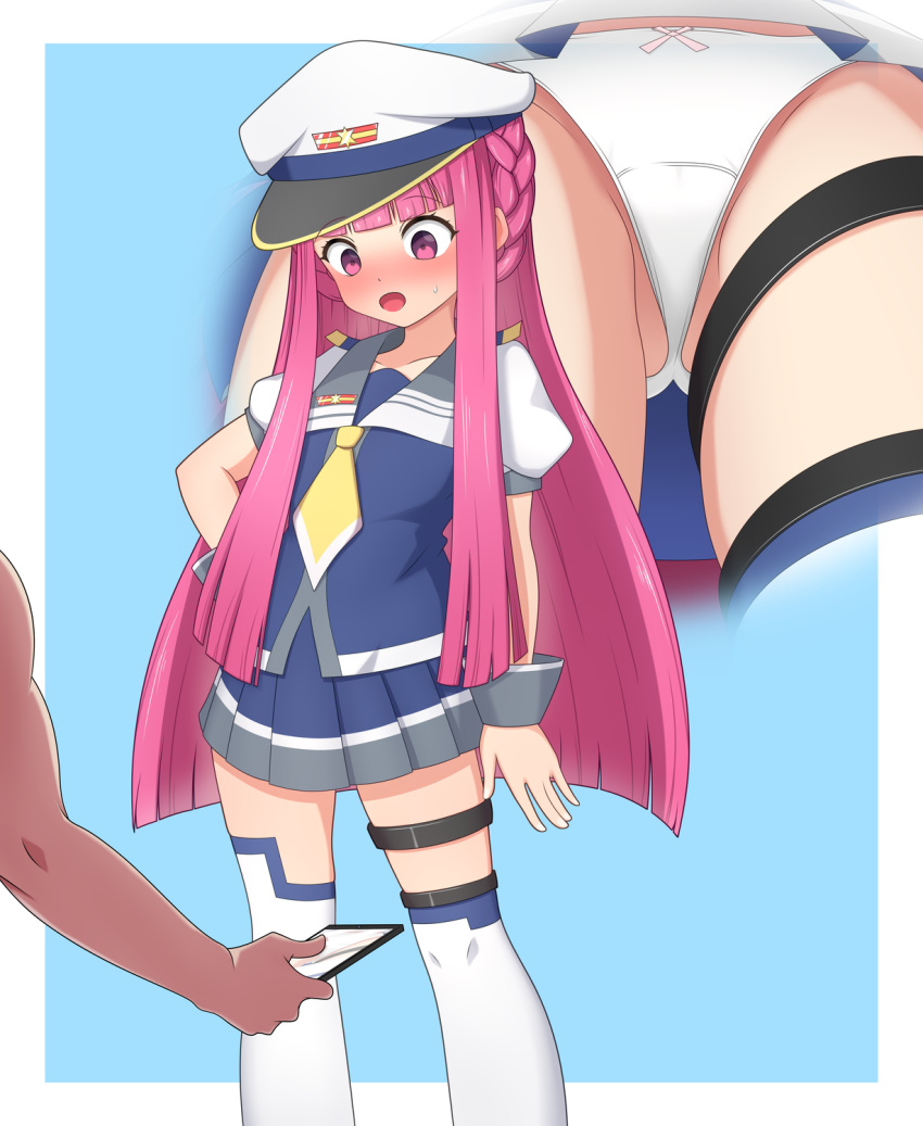 asymmetrical_legwear blue_background blue_serafuku blunt_bangs blunt_ends blunt_sidelocks blush border bow bow_panties braid camera cellphone grey_sailor_collar hand_on_own_hip hat highres holding holding_phone long_hair looking_down multiple_views neckerchief open_mouth panties peaked_cap phone pink_eyes pink_hair pleated_skirt pop'n_music puffy_sleeves sailor_collar sawamura_(sawamura0510) school_uniform serafuku sidelocks simple_background skirt smartphone sumire_(pop'n_music) sweat taking_picture thigh_strap thighhighs underwear upskirt very_long_hair white_border white_panties white_thighhighs yellow_neckerchief