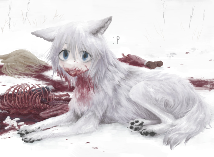 1girl :p animal_ears blonde_hair blood blood_in_hair blood_on_face blue_eyes corpse dismemberment diu9you guro hair_between_eyes highres intestines organs original ribs severed_leg severed_limb snow solo tongue tongue_out white_fur white_hair wolf_ears wolf_girl