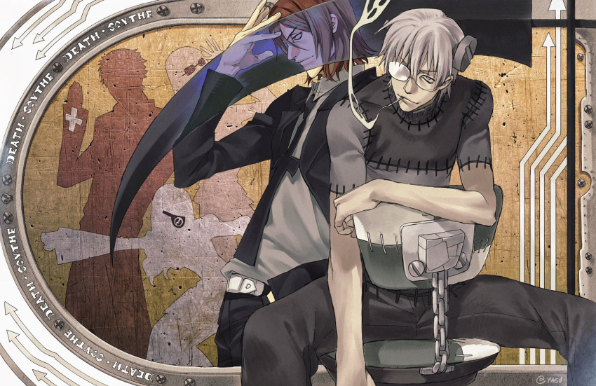 2boys ann_yasu_d black_necktie bow bowtie chair cigarette franken_stein_(soul_eater) glasses grey_hair hair_between_eyes highres looking_at_viewer male_focus multiple_boys necktie object_through_head opaque_glasses patchwork_clothes red_hair screw_in_head short_hair smoking soul_eater spirit_albarn stitches suit yellow_eyes