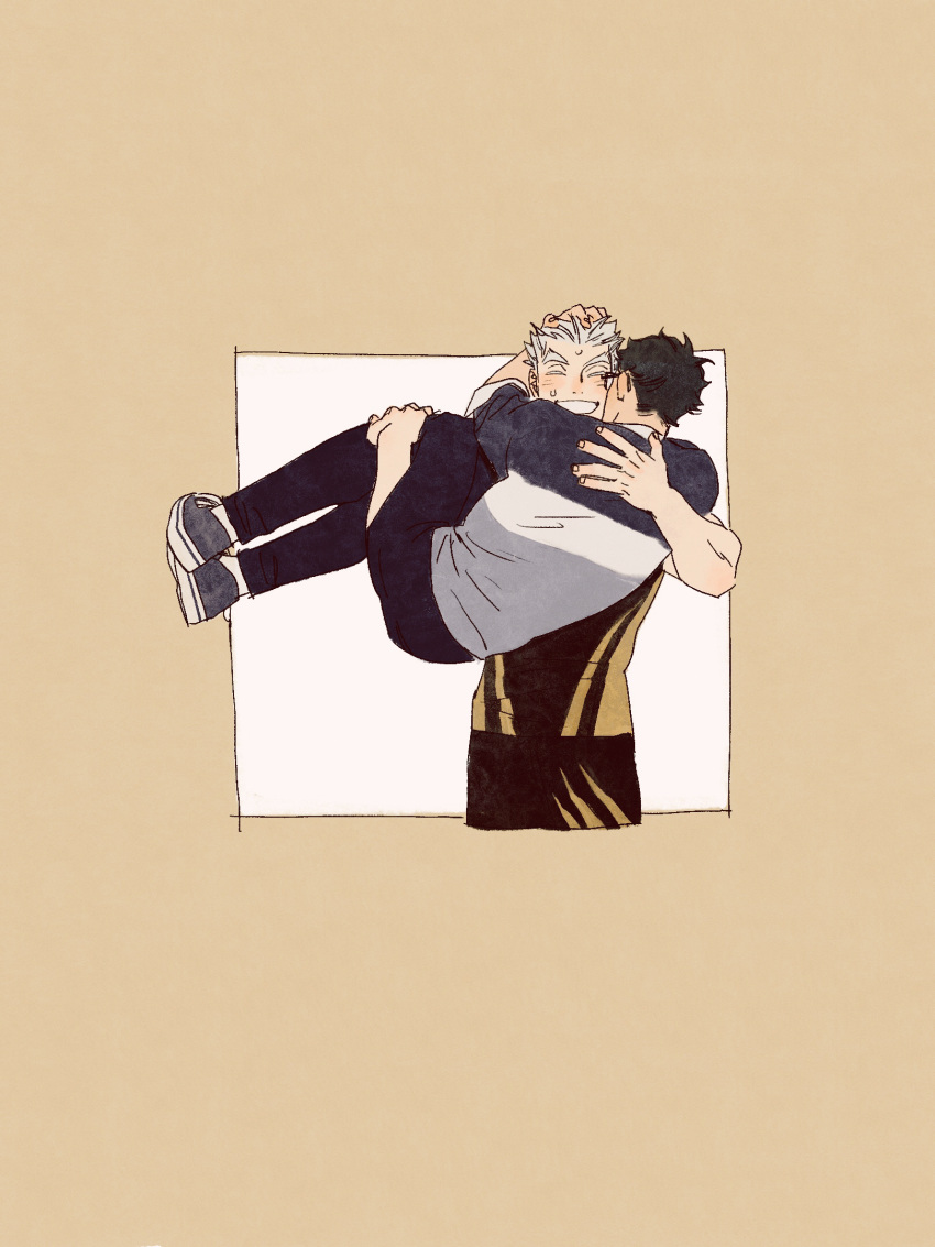 2boys akaashi_keiji black_footwear black_hair black_pants black_shirt bokuto_koutarou brown_background carrying carrying_person chengongzi123 chinese_commentary closed_eyes colored_eyelashes commentary_request cropped_legs facing_another facing_viewer full_body grey_hair grin haikyuu!! hand_on_another's_head hands_up highres male_focus multiple_boys pants shirt shoes short_hair simple_background smile sneakers sportswear standing very_short_hair volleyball_uniform yaoi