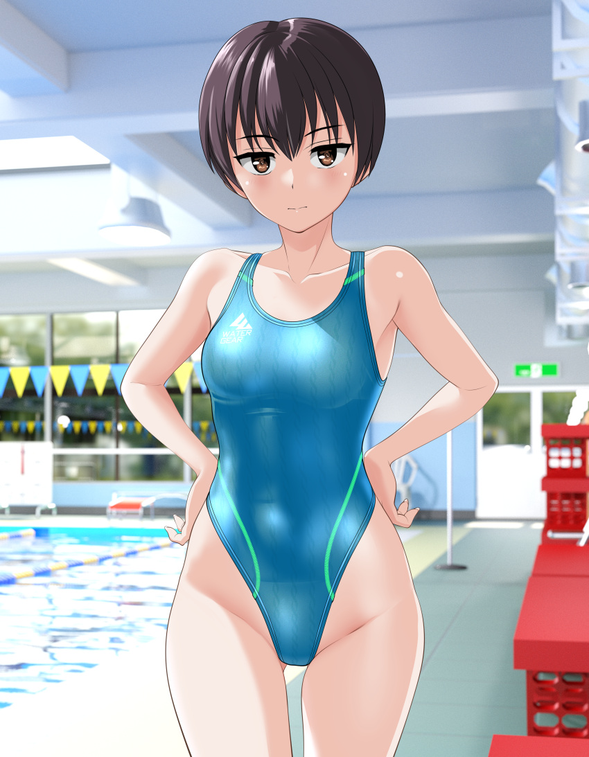 1girl absurdres aqua_one-piece_swimsuit black_hair breasts brown_eyes collarbone commentary_request competition_swimsuit covered_navel cowboy_shot groin hands_on_own_hips highleg highleg_swimsuit highres indoors looking_at_viewer medium_breasts one-piece_swimsuit original pool poolside short_hair solo string_of_flags swimsuit takafumi tomboy variant_set