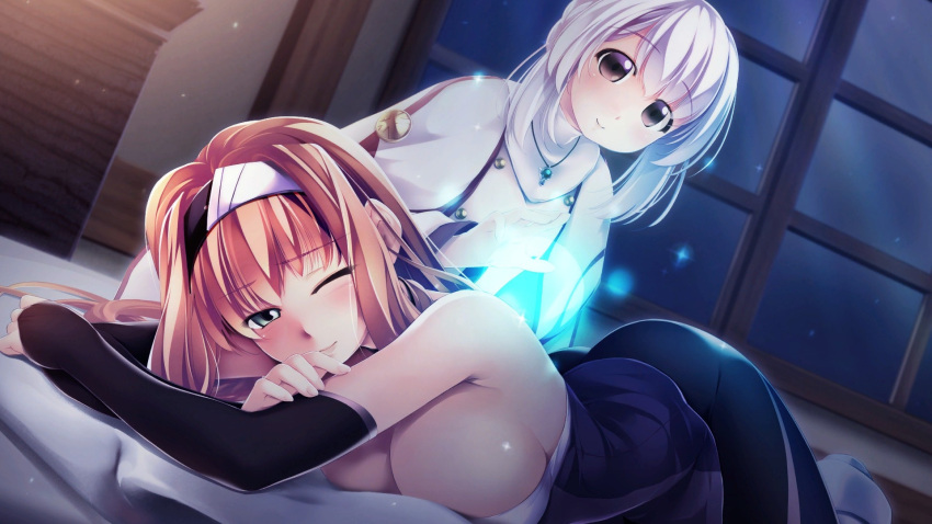2girls atelier-moo bare_shoulders blush breasts brown_eyes brown_hair cleavage closed_mouth detached_sleeves energy_ball full_body glowing green_eyes hair_between_eyes hairband highres hilda_(our_battle_has_just_begun!) jewelry large_breasts long_hair long_sleeves lutie lying magic multiple_girls narrow_waist necklace on_stomach one_eye_closed our_battle_has_just_begun! sitting smile very_long_hair white_hair