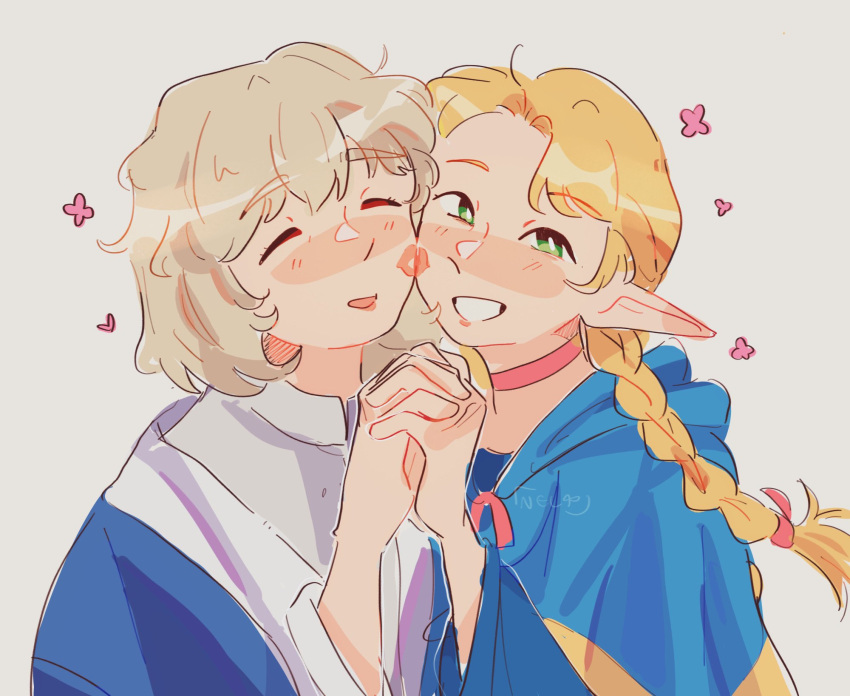 2girls blonde_hair blue_capelet blush capelet cheek-to-cheek closed_eyes dungeon_meshi elf falin_thorden green_eyes heads_together highres holding_hands hood hooded_capelet interlocked_fingers long_hair marcille_donato multiple_girls parted_lips pointy_ears roseiid yuri