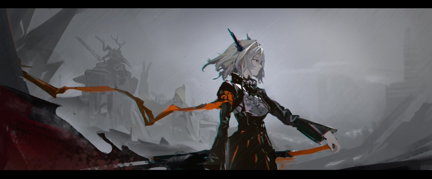 1girl absurdres arknights armband ascot black_ascot black_horns black_shrug black_skirt blood chromatic_aberration closed_mouth debris expressionless grey_hair grey_sky high-waist_skirt highres horns letterboxed long_sleeves looking_afar looking_ahead naiai_(user_ucgs8782) orange_armband orange_eyes outdoors profile rain ruins shirt short_hair shrug_(clothing) skirt sky solo standing sword talulah_(arknights) textless_version weapon white_shirt wide_shot wind