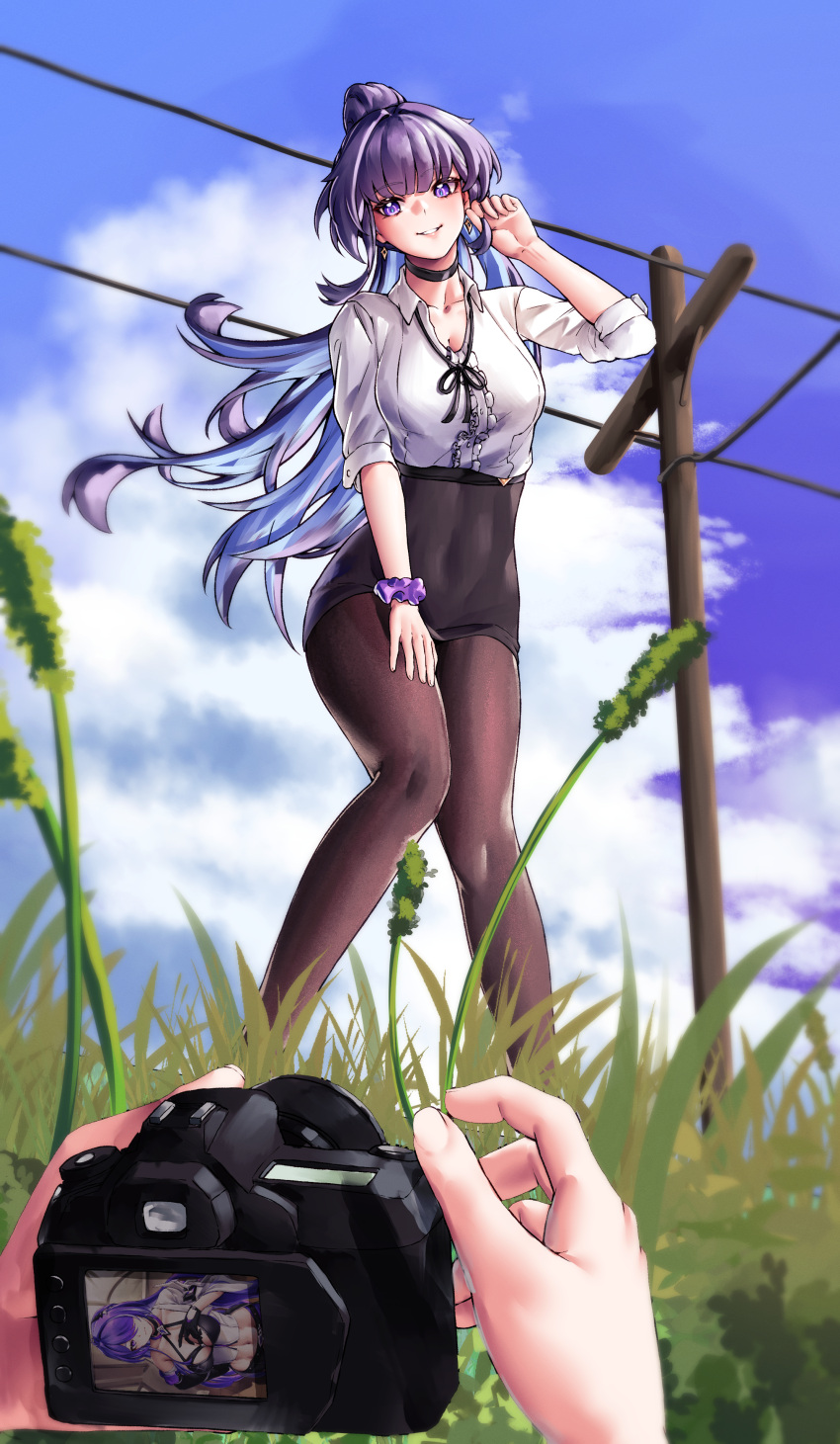 1girl 1other absurdres acheron_(honkai:_star_rail) annotated black_choker black_ribbon black_skirt blue_hair blue_sky breasts brown_pantyhose camera choker cleavage cloud colored_inner_hair commentary_request day grass high-waist_skirt highres holding holding_camera honkai:_star_rail honkai_(series) honkai_impact_3rd long_hair miniskirt multicolored_hair pantyhose power_lines purple_eyes purple_hair pyeong-il_pyeongil raiden_mei ribbon shirt skirt sky small_breasts solo_focus standing very_long_hair white_shirt
