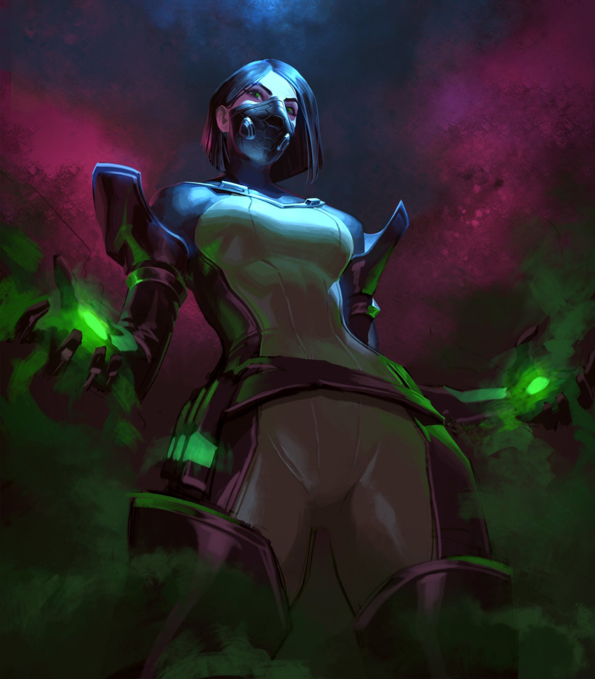 1girl belt black_gloves bodysuit breasts elbow_gloves from_below gloves glowing_hands green_bodysuit green_smoke highres jeremy_anninos mask medium_breasts mouth_mask poison respirator science_fiction simple_background solo utility_belt valorant viper_(valorant)