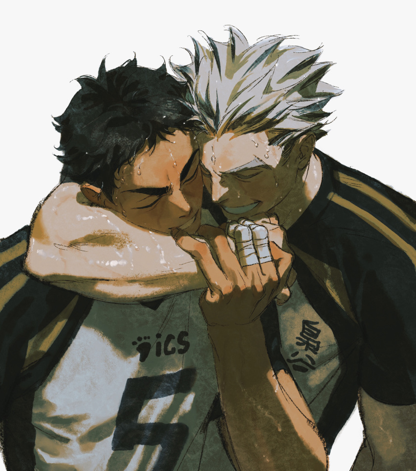 2boys akaashi_keiji arm_around_neck arm_grab bandaged_fingers bandages black_hair bokuto_koutarou chengongzi123 closed_eyes facing_another grey_hair grin haikyuu!! hand_up highres male_focus multicolored_hair multiple_boys short_hair short_sleeves simple_background smile sportswear streaked_hair sweat thick_eyebrows upper_body very_short_hair volleyball_uniform white_background