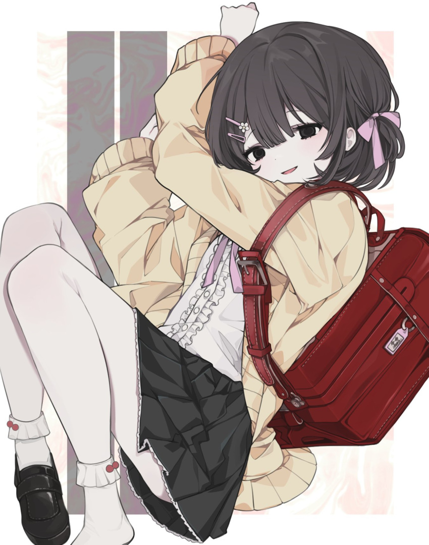 1girl backpack bag black_eyes black_footwear black_skirt blank_eyes blunt_bangs brown_hair center_frills clenched_hand frilled_shirt frills hair_ribbon hand_up highres huyucai loafers looking_at_viewer multiple_hairpins name_tag neck_ribbon original pink_ribbon randoseru red_bag ribbon shirt shoes short_hair short_twintails single_shoe sitting skirt smile socks solo sweater thighs twintails white_background white_shirt white_socks yellow_sweater