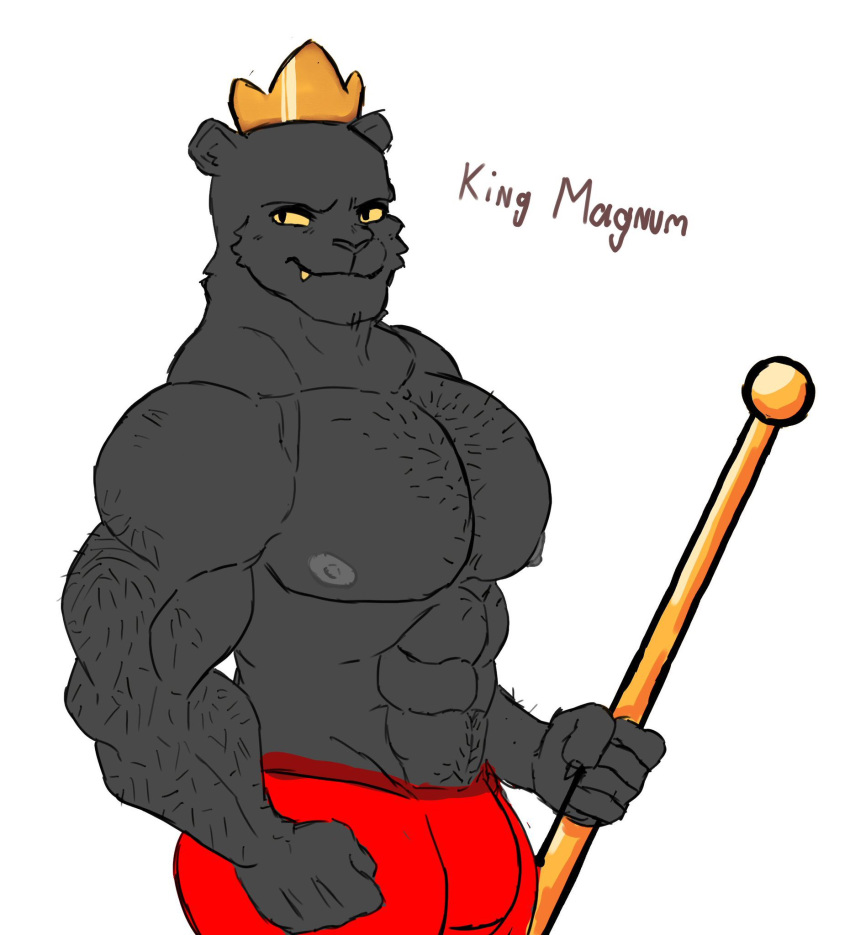 2024 abs anthro black_body black_fur briefs clothed clothing crown danny_smoke_in_furry_land digital_media_(artwork) fangs felid fist fur grey_nipples headgear hi_res holding_wand honeybearnsfw king king_magnum male mammal muscular muscular_anthro muscular_male nipples pantherine pecs portrait red_briefs red_clothing red_underwear royalty simple_background smile solo teeth three-quarter_portrait underwear white_background yellow_sclera
