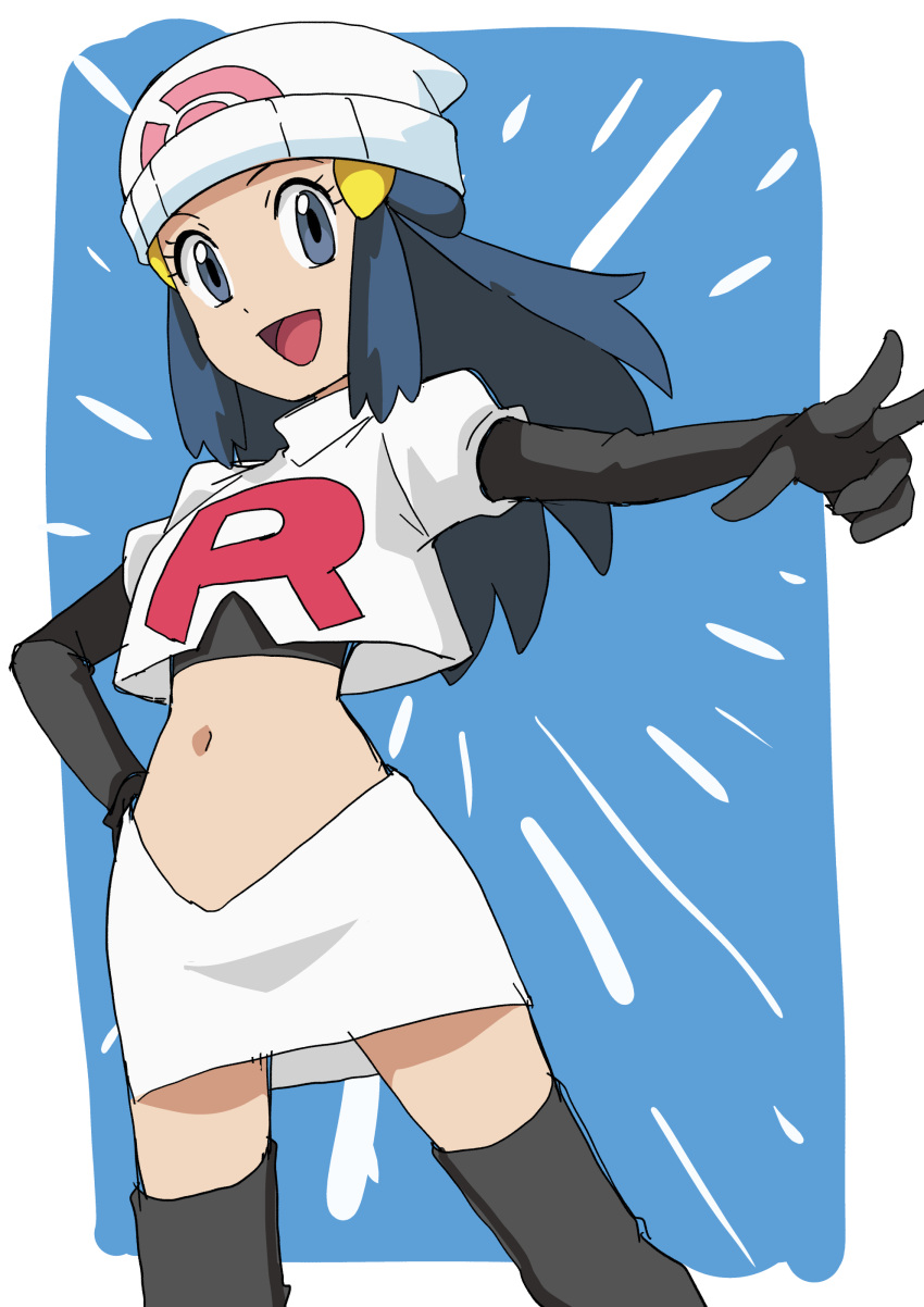 1girl :d absurdres beanie black_footwear black_gloves black_hair black_shirt blue_background boots commentary_request cosplay cropped_jacket dawn dawn_(pokemon) elbow_gloves eyelashes gloves grey_eyes hainchu hair_ornament hairclip hand_on_own_hip hat highres jacket jessie_(pokemon) jessie_(pokemon)_(cosplay) logo long_hair navel open_mouth pokemon pokemon_(anime) pokemon_journeys shirt sidelocks skirt smile solo thigh_boots white_hat white_jacket white_skirt