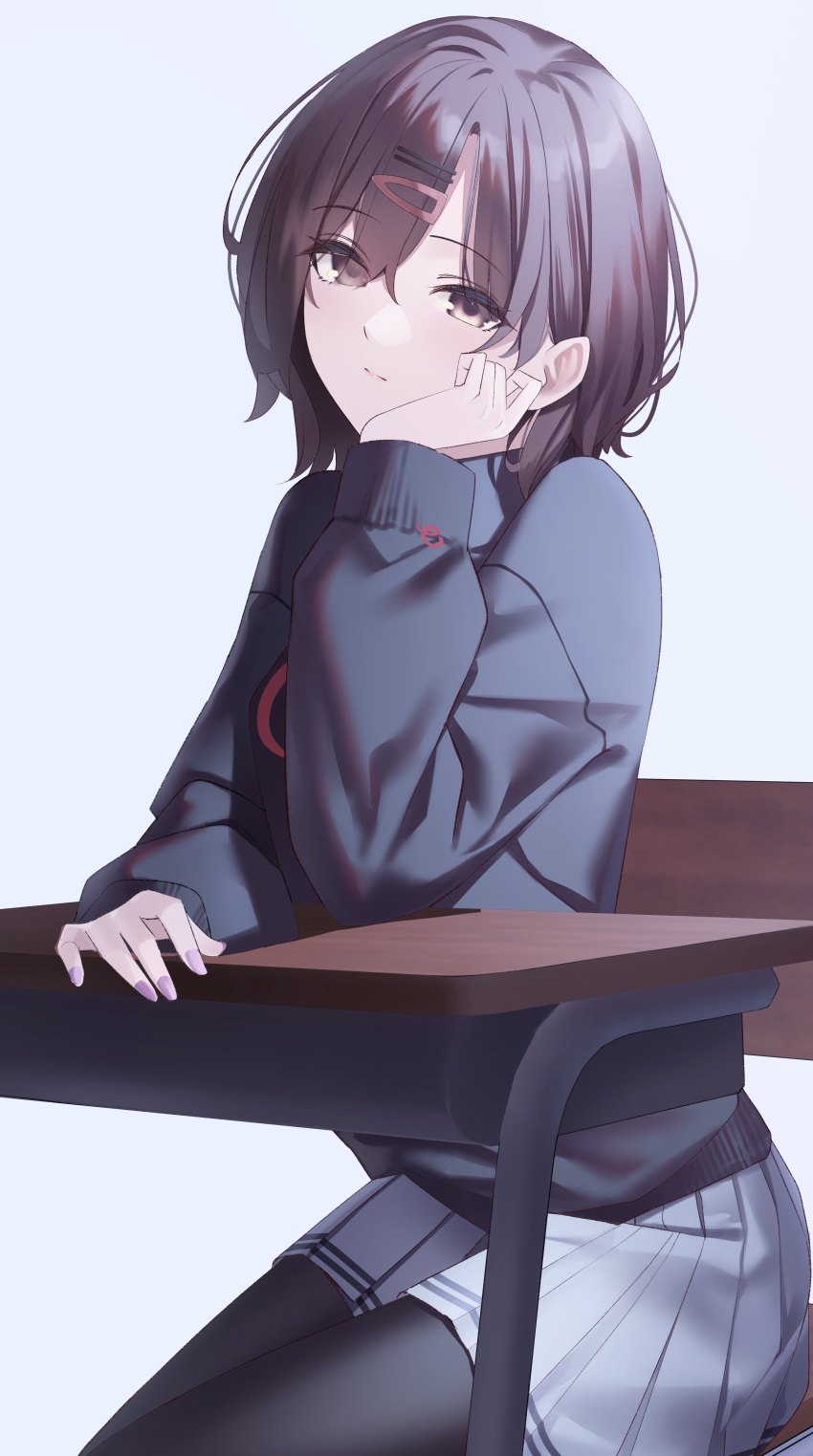 1girl absurdres black_eyes black_hair black_sweater blue_background chair closed_mouth desk friend0426 gradient_background hair_ornament hairclip head_rest highres higuchi_madoka idolmaster idolmaster_shiny_colors long_sleeves looking_at_viewer on_chair pleated_skirt school_chair school_desk school_uniform short_hair sitting skirt solo sweater white_skirt