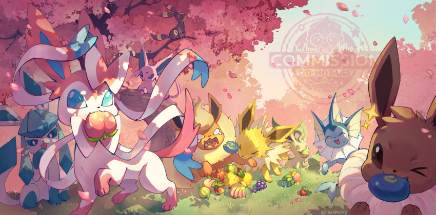 black_fur blue_skin brown_fur cherry_blossoms closed_eyes colored_sclera colored_skin commentary_request commission eating eevee espeon evolutionary_line falling_petals fins flareon food fruit glaceon grass green_fur head_fins highres jolteon leafeon one_eye_closed petals pokemon pokemon_(creature) purple_fur red_fur red_sclera slit_pupils sparkle sylveon umbreon vaporeon watermark yellow_fur yuzhongwho