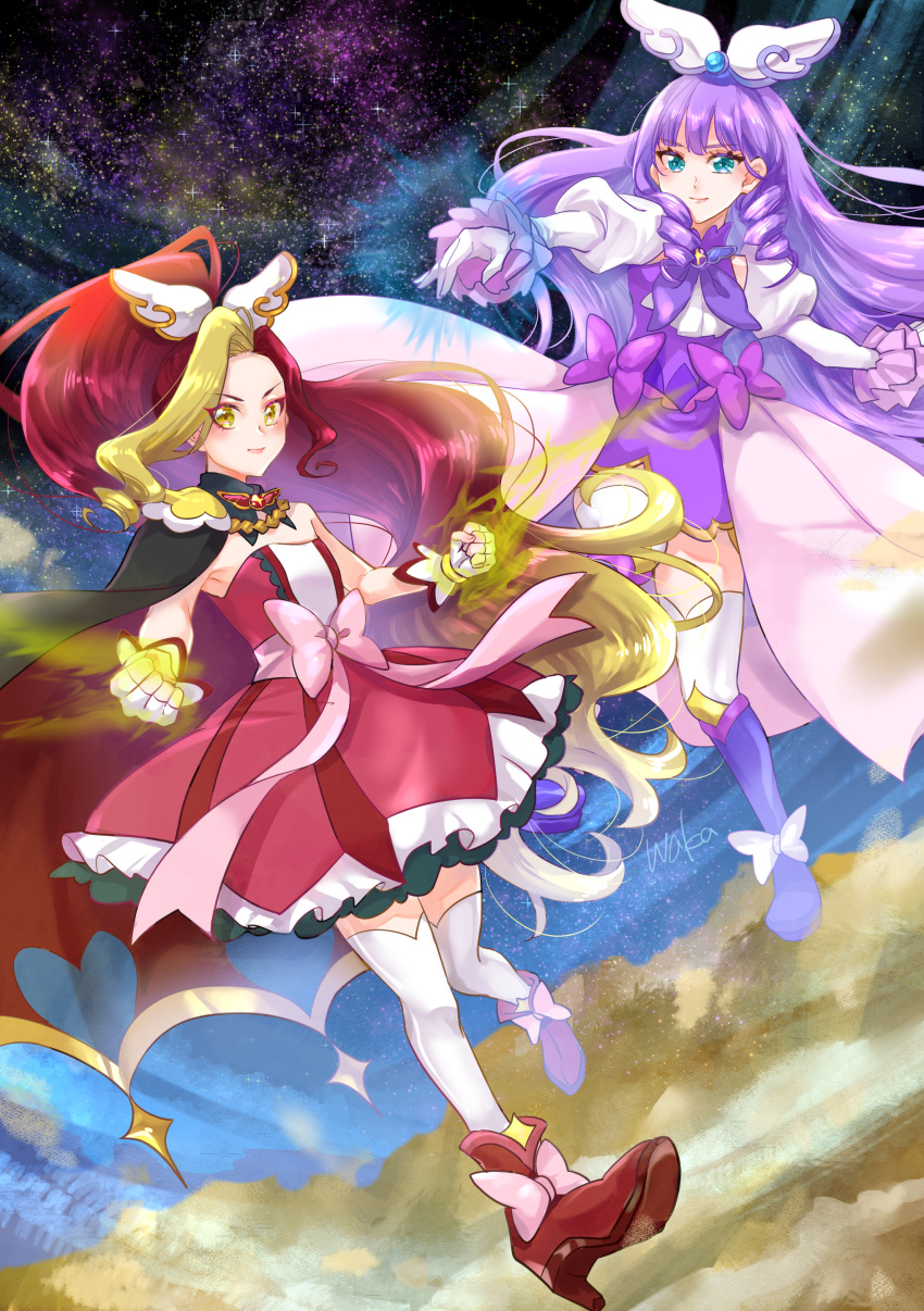 2girls absurdres aqua_eyes artist_name black_cape blonde_hair boots bow brooch cape clenched_hands commentary cure_noble dress dress_bow drill_hair drill_sidelocks empress_undergu fingerless_gloves frilled_dress frills gloves half-dress high_heel_boots high_heels high_ponytail highres hirogaru_sky!_precure jewelry juliet_sleeves long_dress long_hair long_sleeves magical_girl miniskirt multicolored_hair multiple_girls pink_bow precure princess_ellerein puffy_sleeves purple_bow purple_footwear purple_hair purple_skirt red_cape red_dress red_footwear red_hair sidelocks signature skirt space strapless strapless_dress thighhighs two-sided_cape two-sided_fabric two-tone_hair very_long_hair waka_(negronoir) white_gloves white_thighhighs wing_brooch wing_hair_ornament yellow_eyes