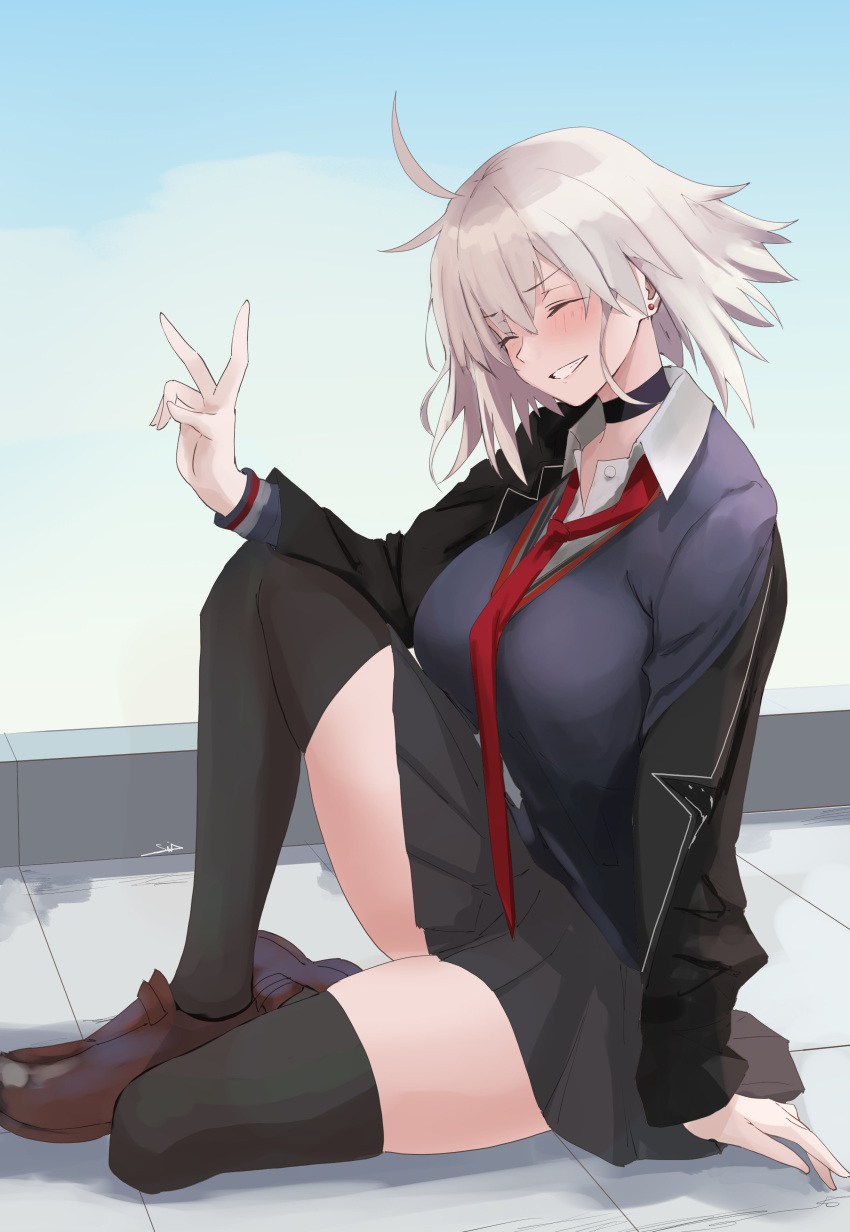 1girl absurdres black_choker black_coat black_footwear black_skirt black_thighhighs blush breasts choker closed_eyes coat collared_shirt commentary_request fate/grand_order fate_(series) grey_hair highres jeanne_d'arc_alter_(avenger)_(fate) jeanne_d'arc_alter_(fate) kasumi_saika large_breasts long_sleeves necktie on_floor open_clothes open_coat outdoors pleated_skirt red_necktie shirt short_hair sitting skirt smile solo thighhighs v white_shirt zettai_ryouiki