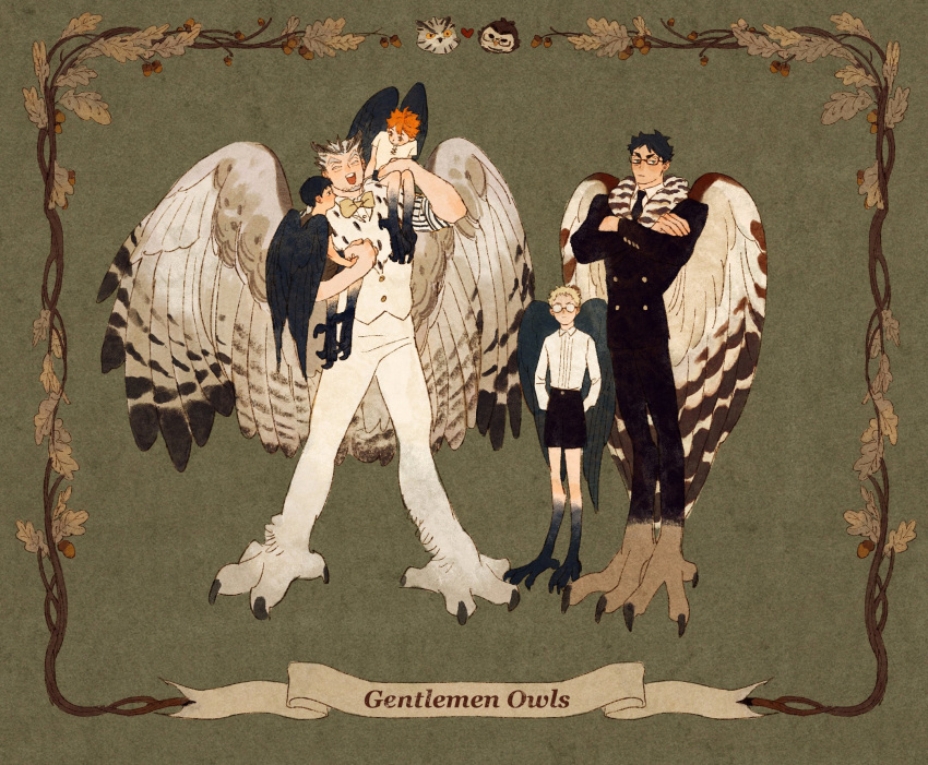 5boys aged_down akaashi_keiji animal_feet animalization arms_behind_back bird bird_legs bird_wings black_hair black_necktie black_pants black_shorts black_suit black_wings blonde_hair blue_eyes bokuto_koutarou bow bowtie brown_wings carrying chengongzi123 child_carry claws closed_eyes closed_mouth collared_shirt crossed_arms english_commentary english_text facial_hair facing_viewer fur_collar glasses goatee grey_hair haikyuu!! hands_up harpy_boy highres hinata_shouyou kageyama_tobio long_sleeves looking_at_viewer male_focus monster_boy monsterification multicolored_hair multiple_boys necktie open_mouth owl owl_boy pants shirt short_hair shorts shoulder_carry sitting standing streaked_hair suit talons thick_eyebrows tsukishima_kei very_short_hair vest white_shirt white_vest wings