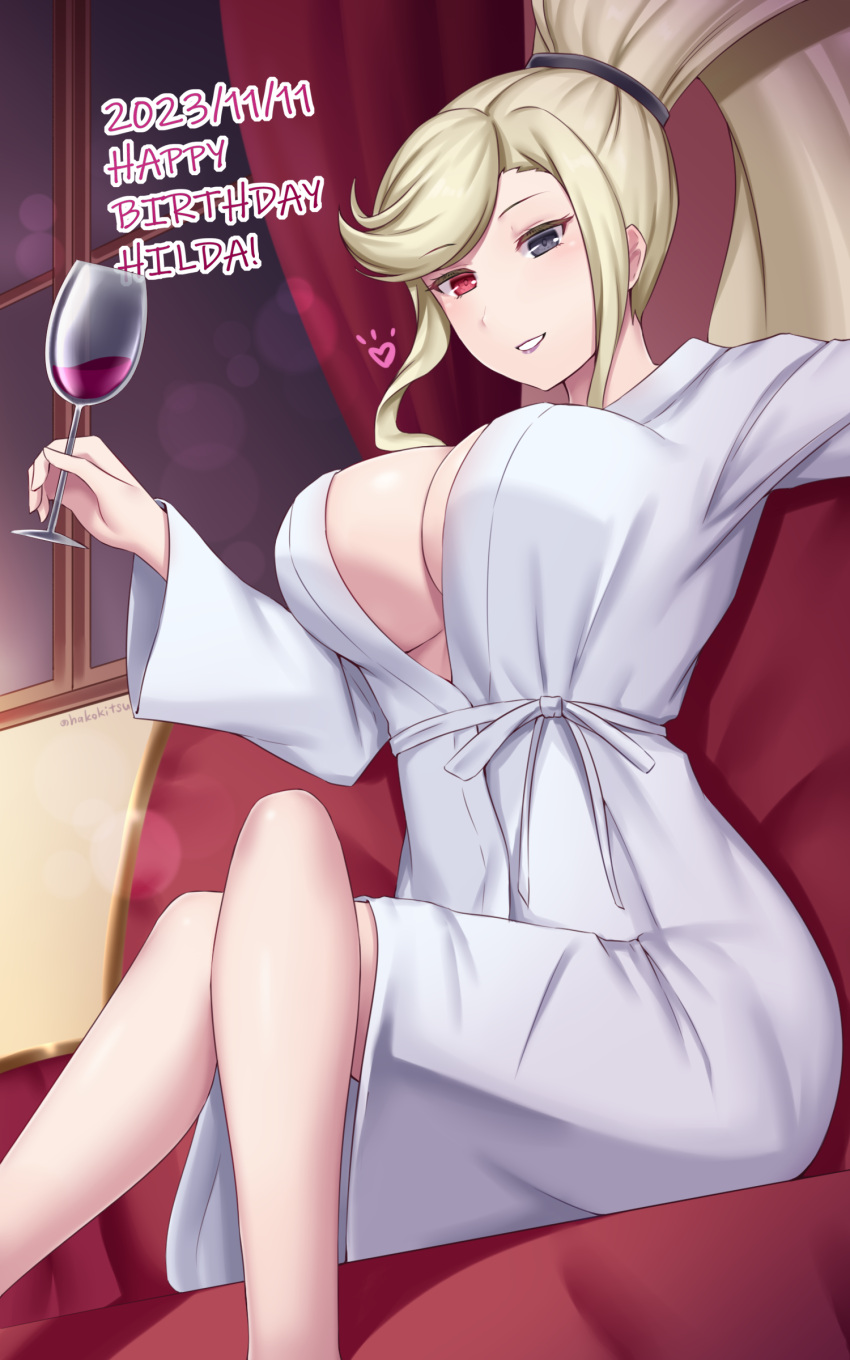 absurdres alcohol alternate_costume breasts couch crossed_legs cup drinking_glass happy_birthday high_ponytail highres hilda_(under_night_in-birth) holding holding_cup large_breasts ponytail sitting smile soukitsu twitter_username under_night_in-birth wine wine_glass