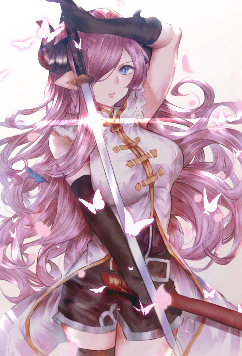 absurdres asymmetrical_gloves bikini blue_eyes braid breasts butterfly_earrings demon_horns draph earrings gloves granblue_fantasy hair_over_one_eye highres horns jewelry katana large_breasts narmaya_(granblue_fantasy) non-web_source pointy_ears single_braid single_thighhigh snowman_hair_ornament swimsuit sword thigh_strap thighhighs uneven_gloves weapon white_bikini