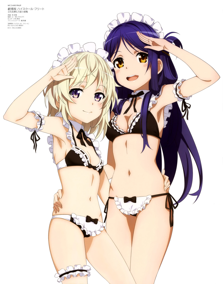 2girls :d absurdres arm_garter armpits bikini black_bikini black_hair blonde_hair blue_hair breasts bridal_garter brown_eyes detached_collar folded_hair high_school_fleet highres long_hair maid maid_headdress marikouji_kaede mc_axis multiple_girls navel neck_ribbon open_mouth purple_eyes ribbon side-tie_bikini_bottom small_breasts smile swimsuit tateishi_shima thigh_strap thighs