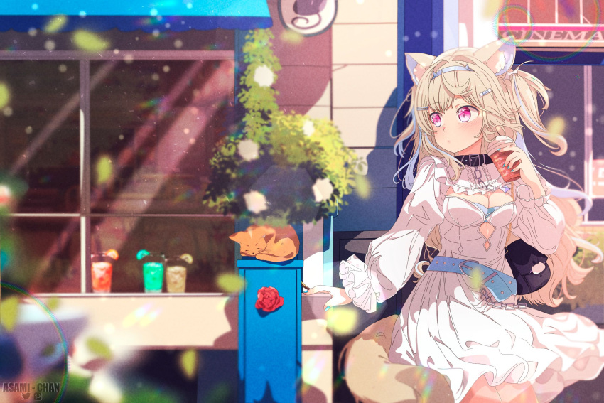 1girl animal_ears artist_name asami-chan bandaid bandaid_hair_ornament belt belt_collar black_collar blonde_hair blue_belt blue_hairband blue_nails blurry blurry_background breasts cat cleavage collar cup dog_ears dog_girl dog_tail dress fuwawa_abyssgard hair_ornament hairband highres holding holding_cup hololive hololive_english long_hair medium_breasts pink_eyes tail two_side_up virtual_youtuber white_dress window