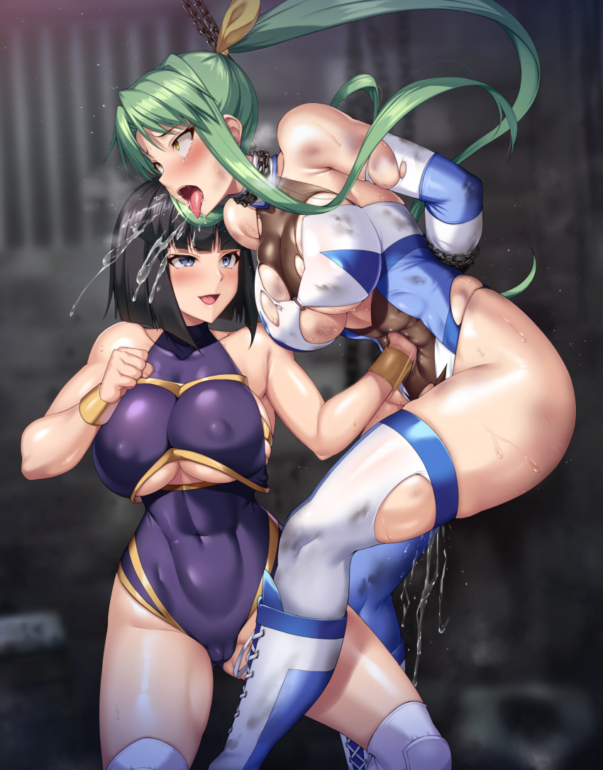 2girls black_hair blush bob_cut breasts catfight chain cleavage_cutout clothing_cutout commission covered_nipples guro hanged highres large_breasts leotard long_hair minami_toshimi multiple_girls open_mouth peeing peeing_self pixiv_commission punching purple_eyes purple_leotard restrained ryona sakurai_chisato saliva short_hair stomach_punch strangling user_umq5100 white_leotard wrestle_angels wrestle_angels_survivor wrestle_angels_survivor_2 wrestler wrestling wrestling_boots wrestling_outfit