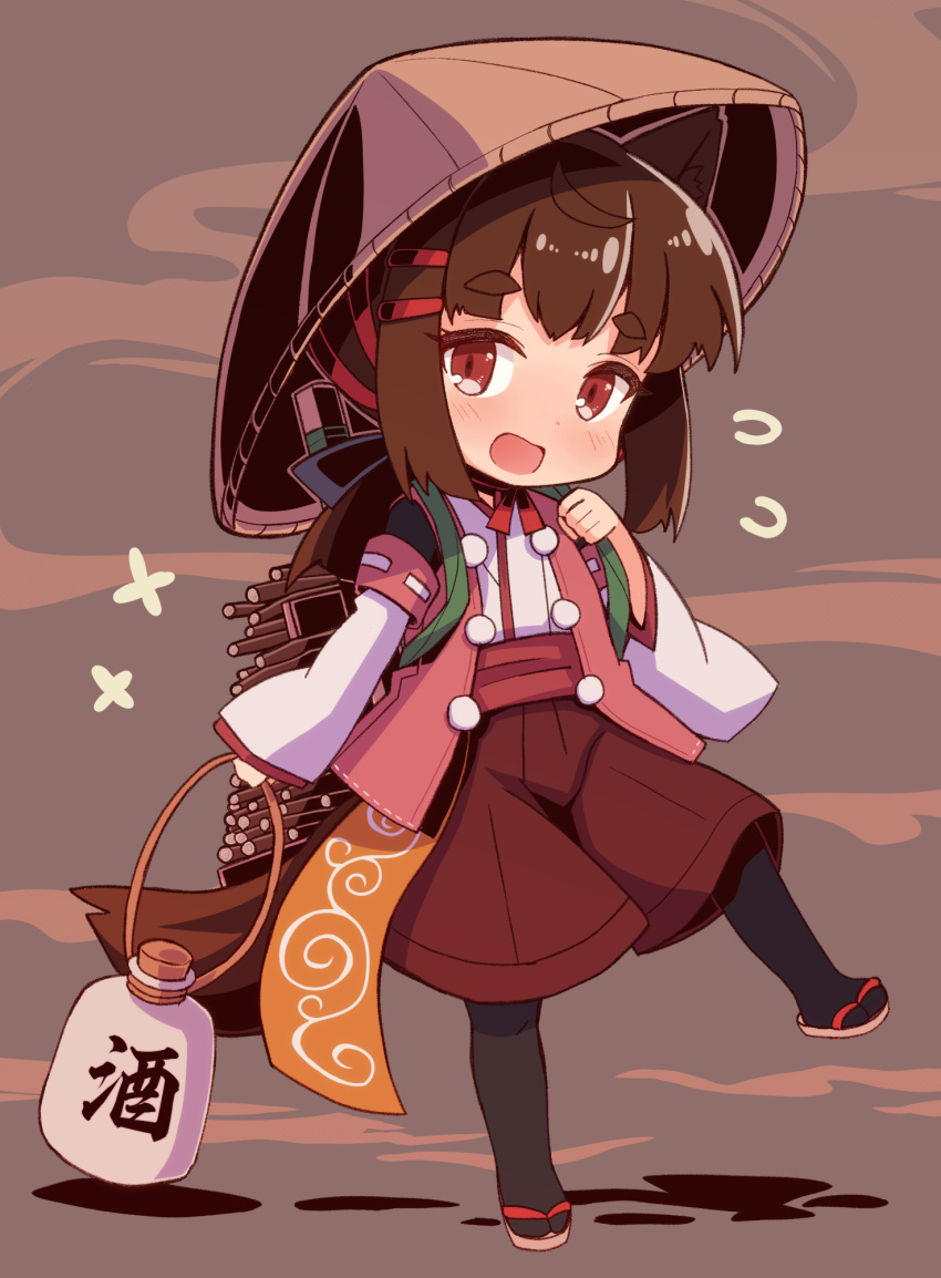 1girl ahoge ajirogasa animal_ears backpack bag bottle brown_hair chibi commentary_request flying_sweatdrops fox_ears fox_girl fox_tail geta hair_tie hat highres holding_strap jacket japanese_clothes kimono light_blush long_hair long_sleeves looking_at_viewer obi open_mouth original pantyhose pom_pom_(clothes) red_eyes red_shorts sash shorts shoulder_strap simple_background solo standing standing_on_one_leg stick tail tengu white_kimono wide_sleeves yukinagi