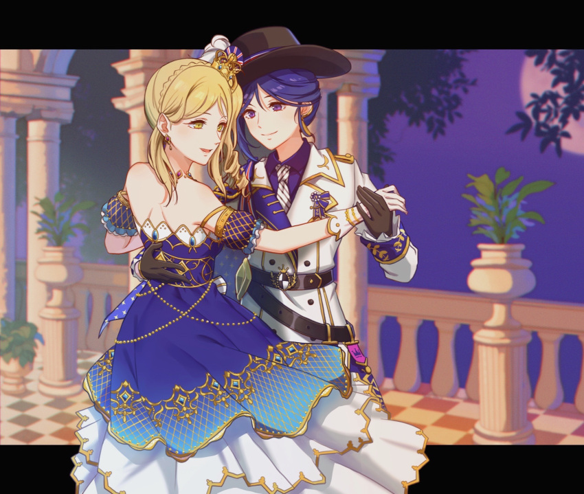 2girls belt black_gloves blonde_hair brown_hat closed_mouth collared_shirt commentary_request crown dancing dress drill_hair earrings epaulettes gloves hand_on_another's_waist highres jacket jewelry letterboxed long_sleeves looking_at_another love_live! love_live!_school_idol_festival_all_stars love_live!_sunshine!! matsuura_kanan mini_crown multiple_girls necktie night nyasa off-shoulder_dress off_shoulder ohara_mari outdoors parted_lips plant potted_plant purple_dress purple_eyes purple_hair purple_shirt railing shirt smile striped_necktie white_gloves white_jacket white_necktie yellow_eyes yuri