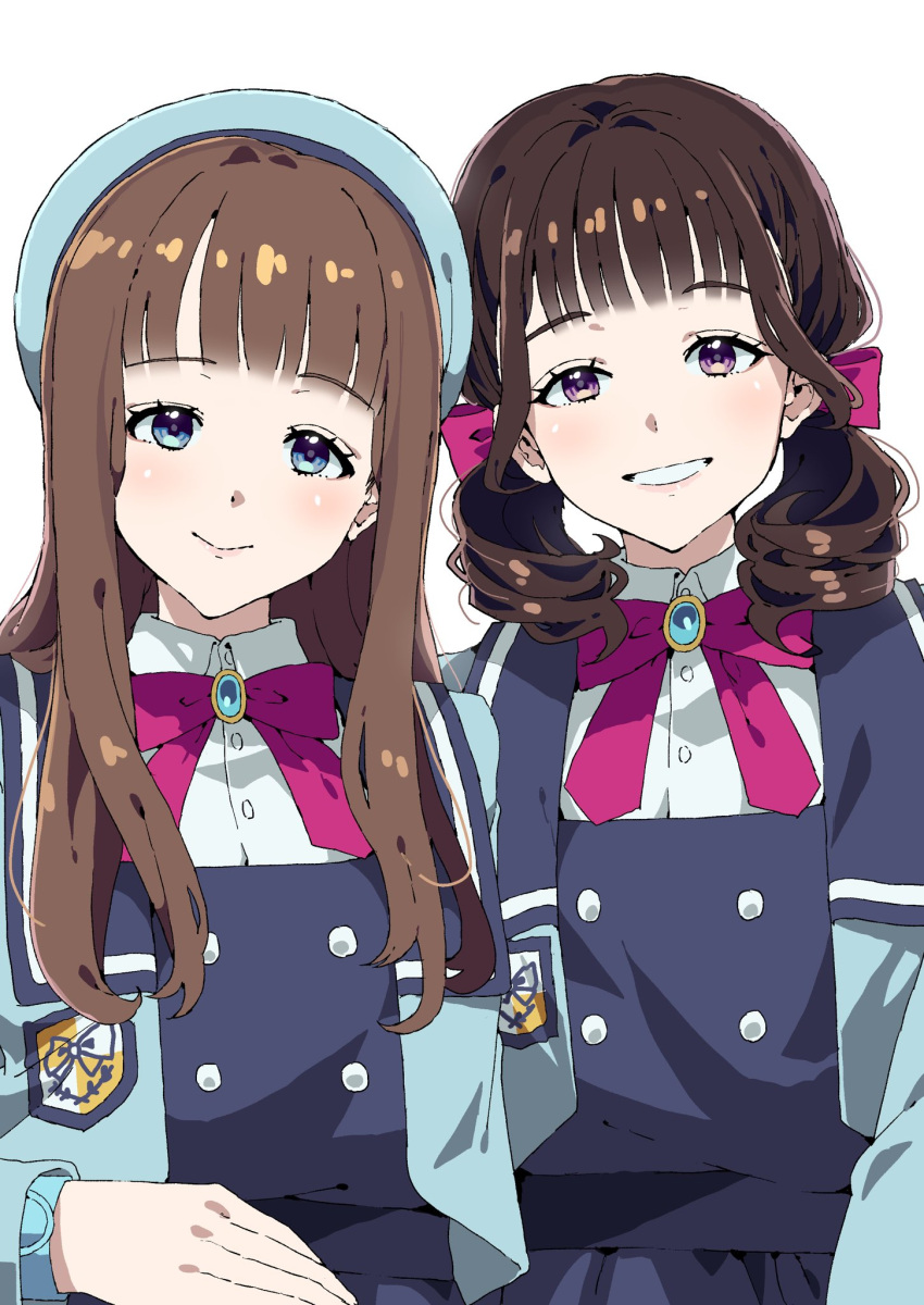 2girls aozora_himari beret blue_eyes blue_hat blue_jacket blunt_bangs brown_hair closed_mouth collared_shirt commentary_request cosplay cropped_jacket fujidera_minori hat highres himitsu_no_aipri hiratsuka_sae hoshikawa_mitsuki jacket long_hair long_sleeves looking_at_viewer multiple_girls neck_ribbon open_mouth pink_ribbon pretty_series purple_eyes real_life ribbon school_uniform shirt simple_background smile tsujii_luki twintails upper_body voice_actor white_background white_shirt