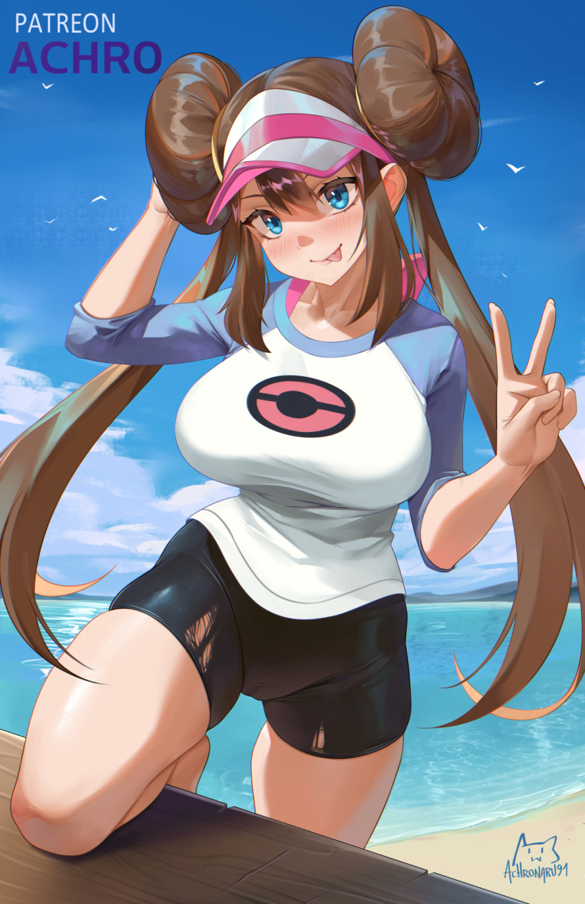 1girl :p achromaru arm_up artist_logo beach bike_shorts black_shorts blue_eyes blue_sky blue_sleeves blush breasts brown_hair cloud day double_bun hair_between_eyes hair_bun hand_up highres large_breasts long_hair looking_at_viewer mountain ocean outdoors patreon_username poke_ball_print pokemon pokemon_bw2 raglan_sleeves rosa_(pokemon) shirt shore shorts simple_bird sky solo tongue tongue_out torn_clothes torn_shorts twintails twitter_username v very_long_hair visor_cap water white_shirt