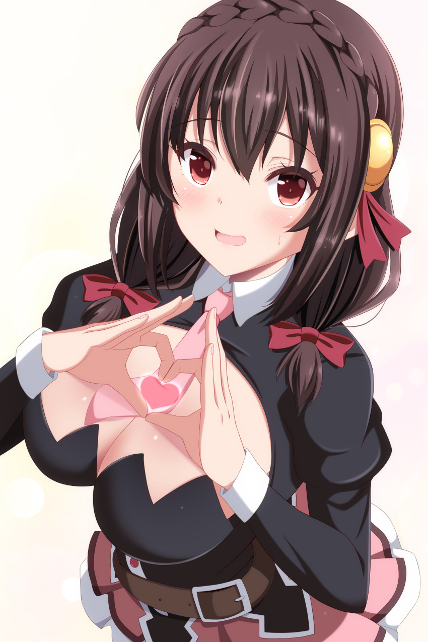 1girl black_shirt blush bow braid breasts brown_hair bunny1219 cleavage cleavage_cutout clothing_cutout colored_eyelashes commentary_request cowboy_shot crown_braid foreshortening from_above hair_between_eyes hair_bow hair_ribbon hands_up heart heart_hands highres juliet_sleeves kono_subarashii_sekai_ni_shukufuku_wo! large_breasts long_sleeves looking_at_viewer medium_hair miniskirt necktie open_mouth pink_necktie pink_skirt pleated_skirt puffy_sleeves red_bow red_eyes red_ribbon ribbon shirt short_necktie simple_background skirt smile solo sweatdrop white_background yunyun_(konosuba)