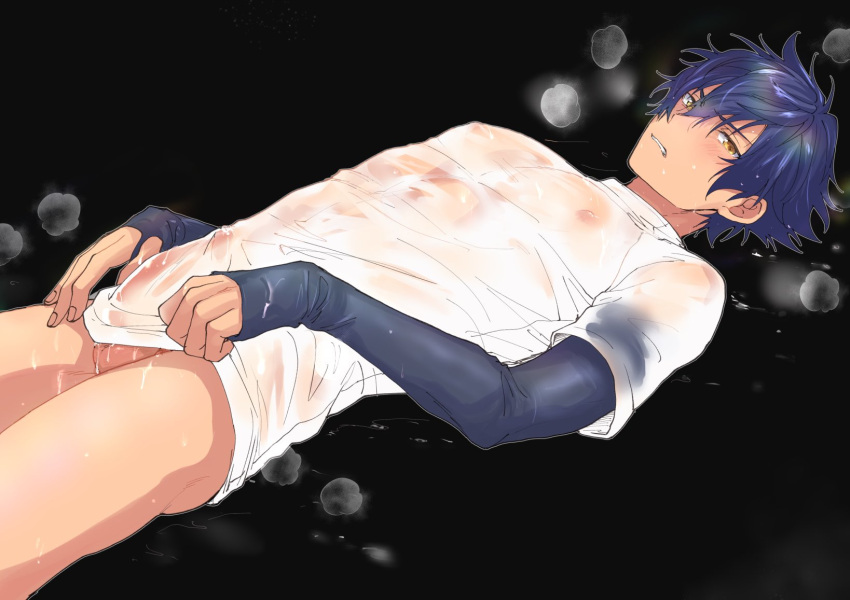 1boy ass biting_own_lip blush bulge embarrassed ensemble_stars! erection from_side frown hair_between_eyes highres long_sleeves looking_at_viewer male_focus nipples parted_lips sazanami_jun shirt shirt_grab short_hair simple_background solo steam teeth testicles thighs toroi_(run01211) upper_teeth_only wet wet_clothes wet_shirt