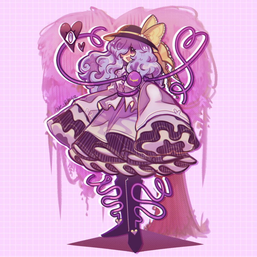 1girl :d absurdres black_footwear bow commentary english_commentary full_body hat hat_bow heart heart_of_string highres kairubyz komeiji_koishi long_hair long_sleeves looking_at_viewer open_mouth purple_background simple_background smile solo third_eye touhou wide_sleeves yellow_bow