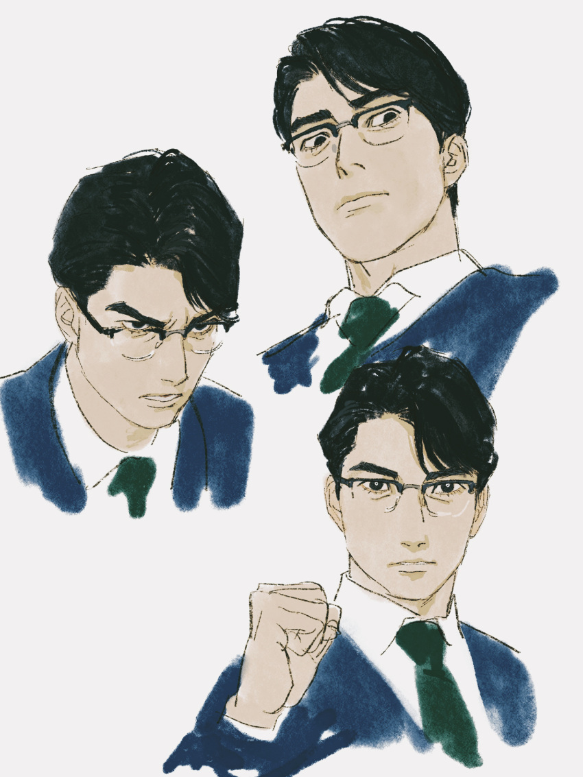 1boy aged_up black_eyes black_hair blue_jacket chengongzi123 closed_mouth collared_shirt glasses green_necktie hand_up highres jacket kogure_kiminobu looking_at_viewer male_focus multiple_views necktie parted_lips portrait semi-rimless_eyewear shirt short_hair simple_background slam_dunk_(series) suit_jacket very_short_hair white_background white_shirt