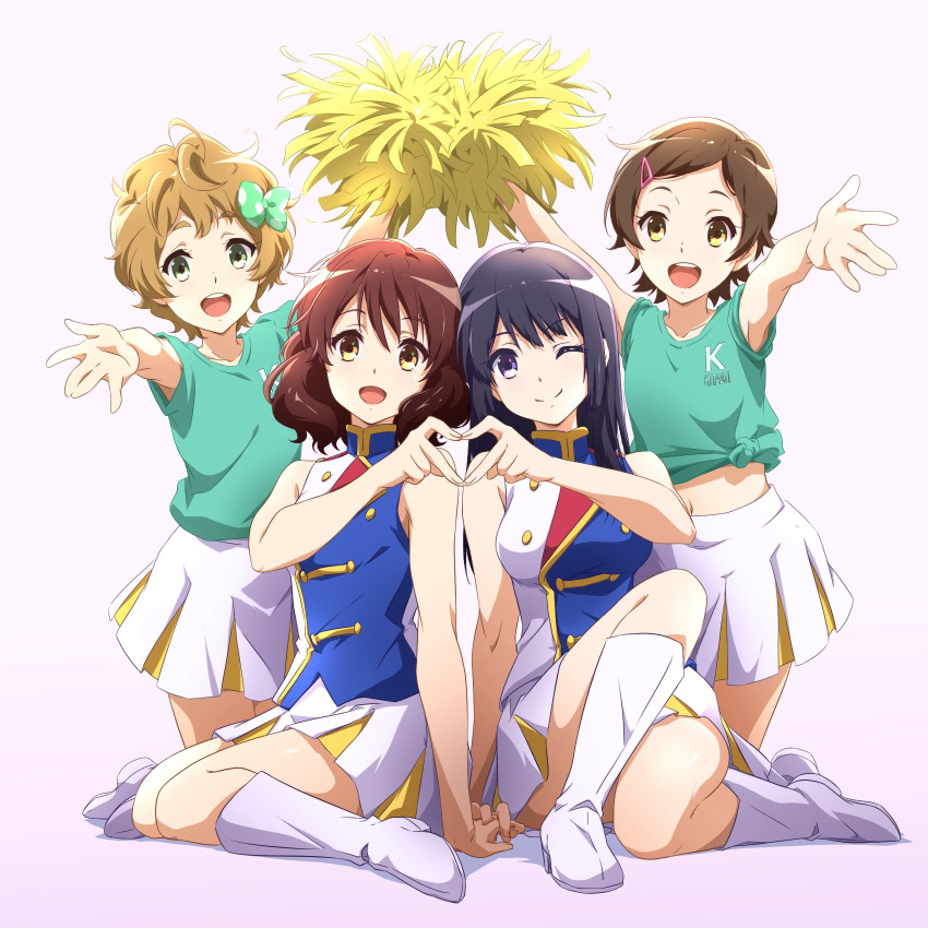 4girls :d ;) band_uniform black_hair blonde_hair boots bow brown_eyes brown_hair closed_mouth cover cover_page green_bow green_eyes green_shirt hair_bow hair_ornament hairclip heart hibike!_euphonium highres holding holding_hands katou_hazuki kawashima_sapphire kneeling kousaka_reina long_hair looking_at_viewer medium_hair multiple_girls nii_manabu one_eye_closed open_mouth oumae_kumiko outstretched_arms pleated_skirt polka_dot pom_pom_(cheerleading) purple_eyes shirt short_hair short_sleeves sitting skirt sleeveless sleeveless_shirt smile t-shirt uniform white_footwear white_skirt