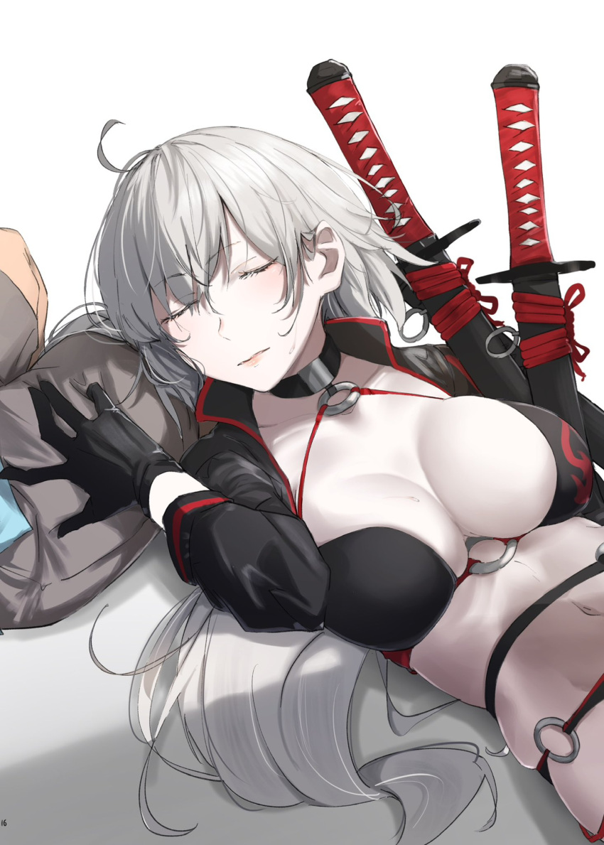 1boy 1girl ahoge black_choker black_gloves black_jacket breasts choker cleavage closed_eyes closed_mouth commentary_request cropped_jacket fate/grand_order fate_(series) fujimaru_ritsuka_(male) fujimaru_ritsuka_(male)_(tropical_summer) gloves grey_shorts highres jacket jeanne_d'arc_alter_(fate) jeanne_d'arc_alter_(swimsuit_berserker)_(fate) katana lap_pillow large_breasts long_hair navel official_alternate_costume out_of_frame ri_o_ne_su shadow shorts simple_background sitting sleeping stomach swimsuit sword very_long_hair weapon white_background