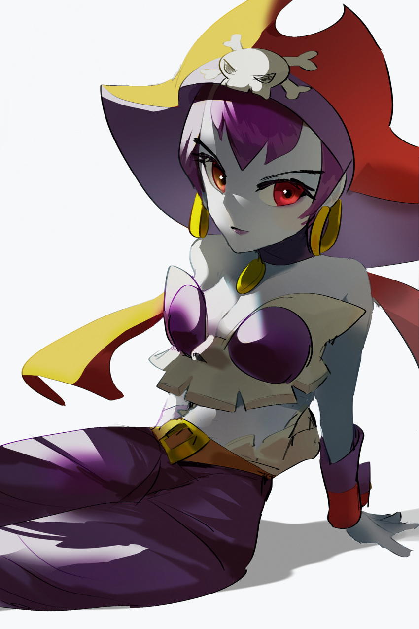 1girl bare_shoulders blue_skin breasts cleavage closed_mouth colored_skin earrings eyelashes hat highres hoop_earrings jaibus jewelry looking_at_viewer pants pirate_hat purple_hair purple_pants red_eyes red_hat risky_boots shantae_(series) sitting skull_and_crossbones solo white_background