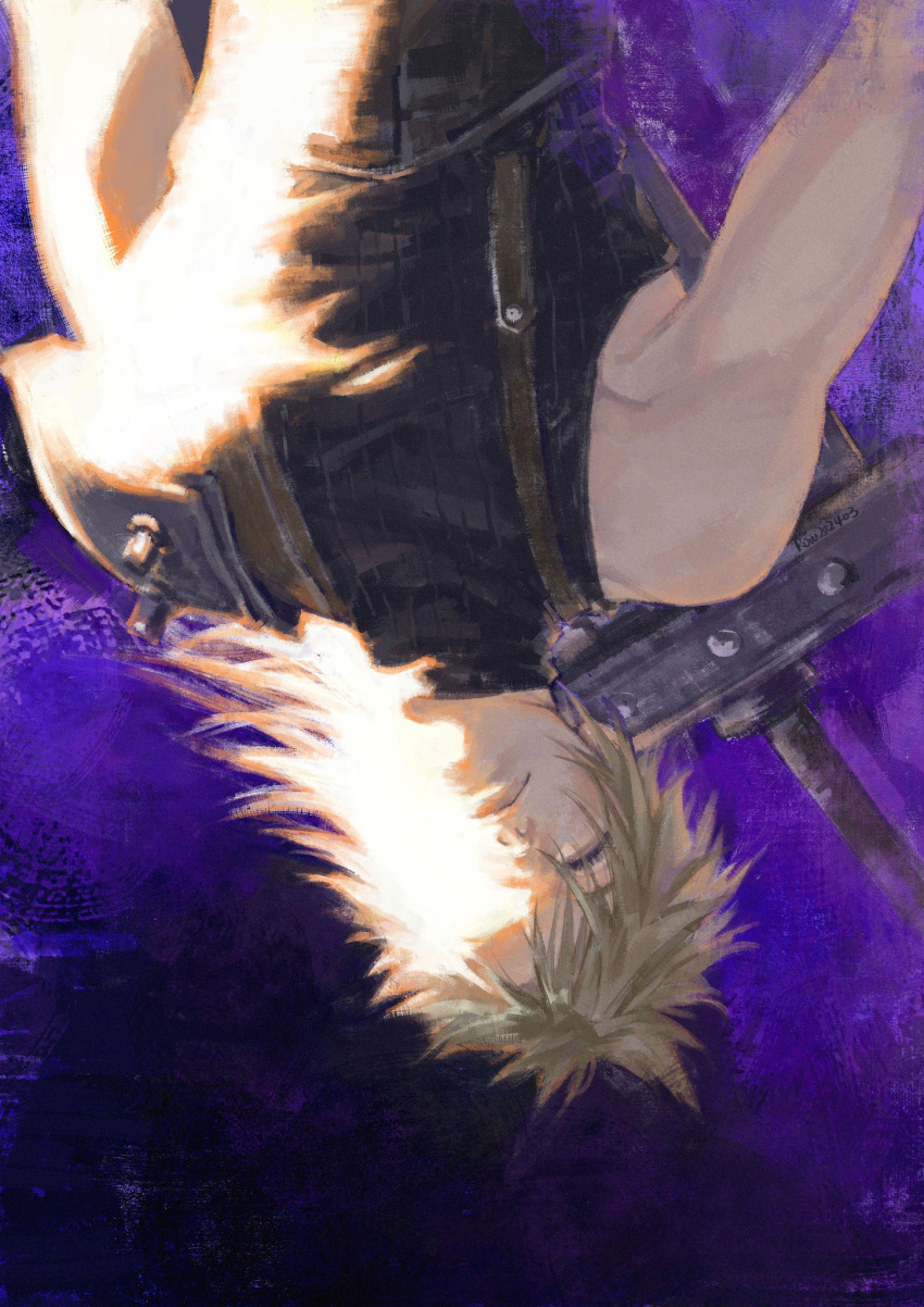 1boy armor belt black_sweater blonde_hair buster_sword closed_eyes cloud_strife commentary english_commentary final_fantasy final_fantasy_vii highres long_hair male_focus muscular muscular_male pauldrons purple_background row056 shoulder_armor single_pauldron sleeveless sleeveless_sweater sleeveless_turtleneck solo spiked_hair suspenders sweater sword sword_on_back turtleneck turtleneck_sweater upper_body upside-down weapon weapon_on_back zack_fair