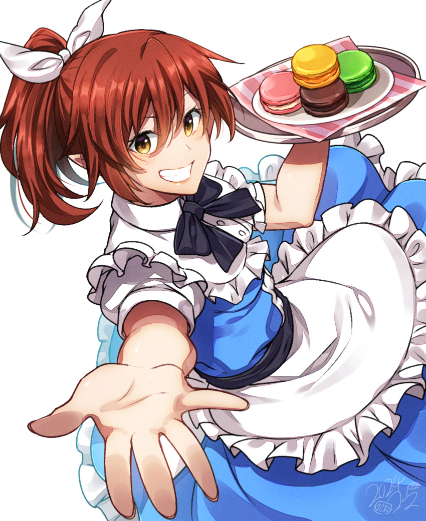 1girl alice_(alice_in_wonderland) alice_(alice_in_wonderland)_(cosplay) alice_in_wonderland apron arm_up black_bow black_bowtie blue_dress bow bowtie breasts brown_hair cosplay cowboy_shot dated dress food goblin_slayer! green_eyes grin hair_between_eyes hair_ribbon hand_up highres holding holding_tray kankitukou medium_breasts plate pointy_ears ponytail rhea_fighter_(goblin_slayer!) ribbon smile solo teeth tray waist_apron white_apron white_ribbon