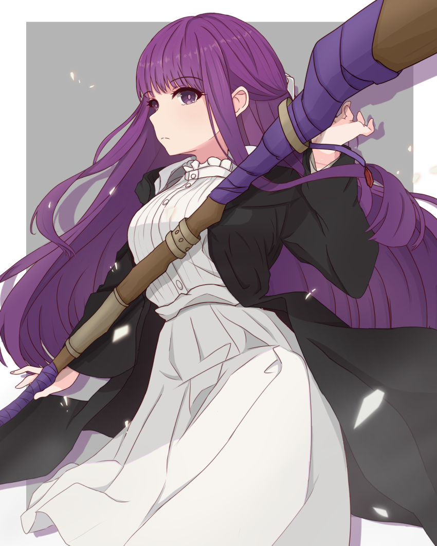 1girl black_coat breasts closed_mouth coat commentary_request dress drop_shadow expressionless fern_(sousou_no_frieren) highres large_breasts long_hair purple_eyes purple_hair shards solo sousou_no_frieren staff sumishake very_long_hair white_dress