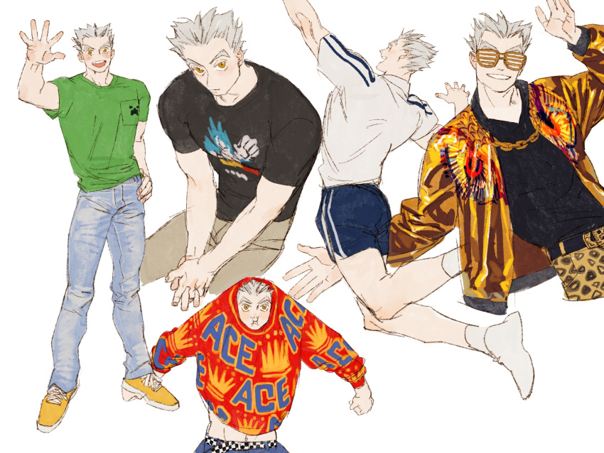 1boy animal_print black_shirt blue_pants blue_shorts bokuto_koutarou brown_pants chain_necklace chengongzi123 commentary creeper cropped_legs denim full_body green_shirt grey_hair haikyuu!! hand_on_own_hip hand_up highres jeans jewelry jumping leopard_print long_sleeves looking_at_viewer male_focus midriff_peek multiple_views necklace open_mouth pants red_sweater shirt short_hair short_sleeves shorts simple_background standing sweater symbol-only_commentary very_short_hair waving white_background white_shirt yellow_eyes yellow_footwear