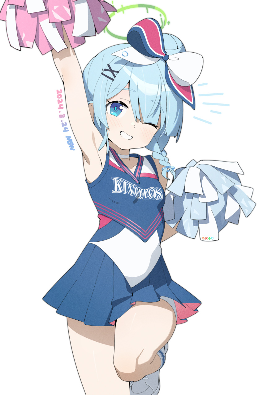 1girl absurdres armpits arona_(blue_archive) blue_archive blue_eyes blue_hair blue_skirt blush braid breasts cheering cheerleader choker clothes_writing dated foot_out_of_frame green_halo grin halo highres holding holding_pom_poms looking_at_viewer midsummerw official_alternate_costume one_eye_closed pleated_skirt pom_pom_(cheerleading) shoes short_hair simple_background single_braid skirt small_breasts smile solo white_background white_choker white_footwear